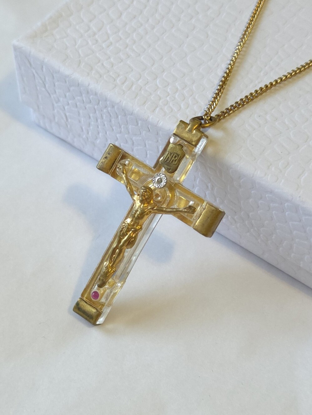 Vintage 24K Gold Plated Diamond & Ruby Cross Pendant Necklace Lourdes France